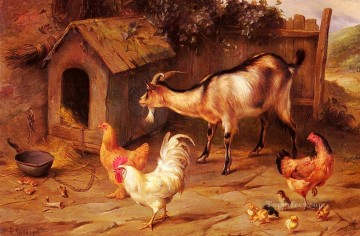 エドガー・ハント Painting - 犬小屋のそばにある家禽の雛とヤギ 家禽家畜納屋 エドガー・ハント
